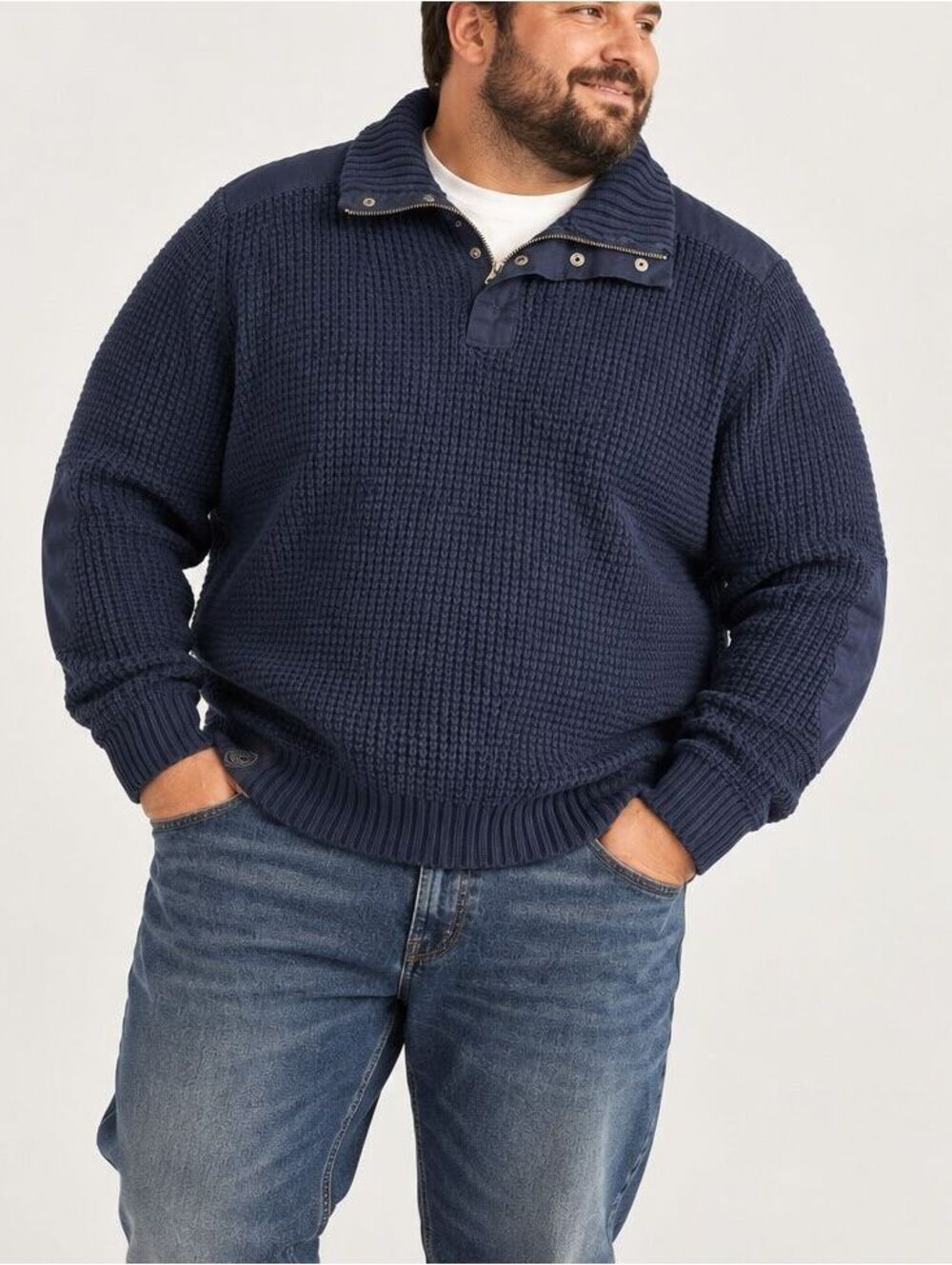 Quarter Zip Waffle Knit Sweater Navy Elbow Patch Preppy Old Money Heritage XXL